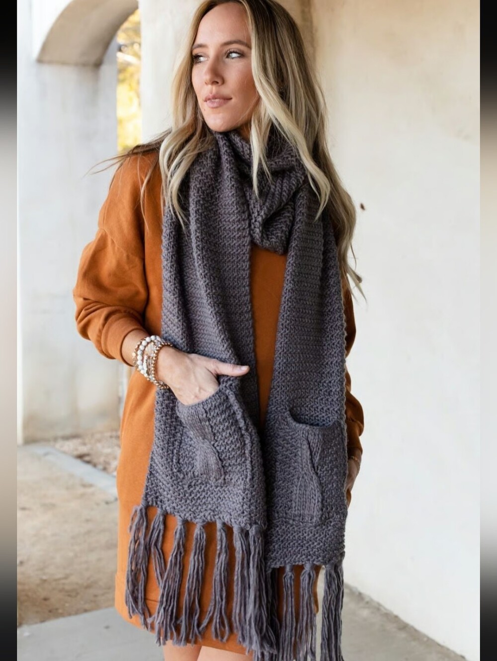 Rihanna Knitted Chunky Overized Tassel  Scarf With Pockets In Gray NWT $60